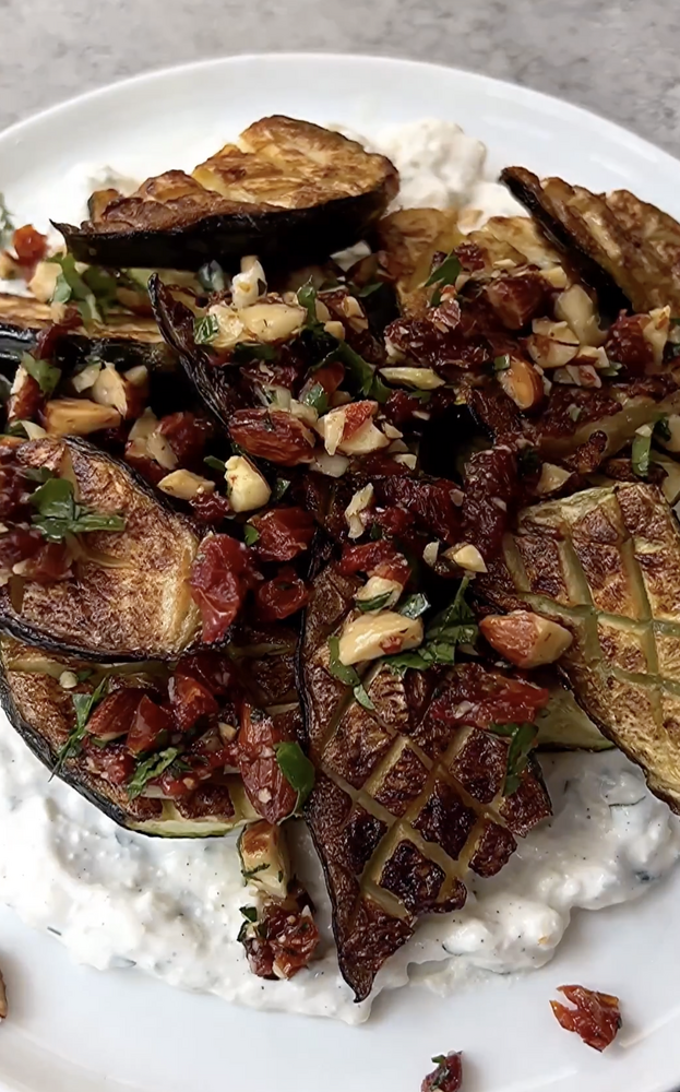 Crisp Roasted Zucchini with Creamy Feta & Sundried Tomato & Almond