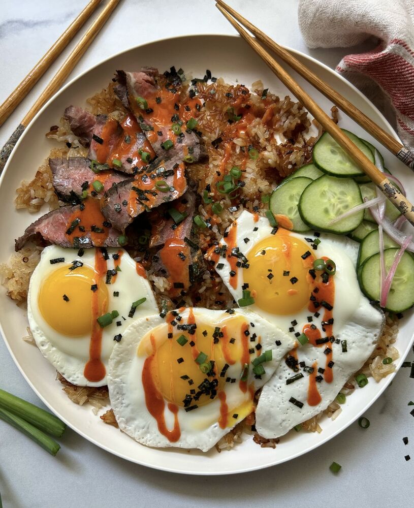 Crispy Jasmine Rice Steak and Egg Bowl