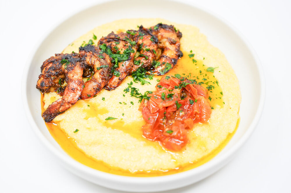 Spicy Grilled Shrimp and Grits with Cherry Tomato Confit Recipe | The ...
