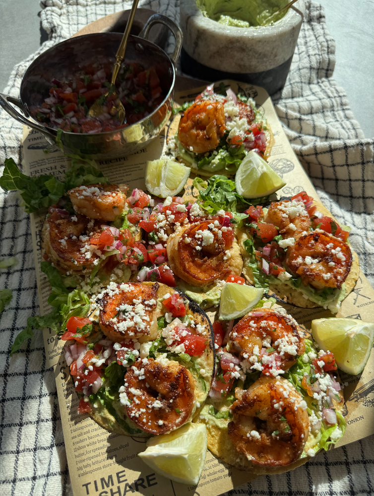 Bronzed Shrimp Tacos with Avocado Crema and Pico de Gallo Recipe