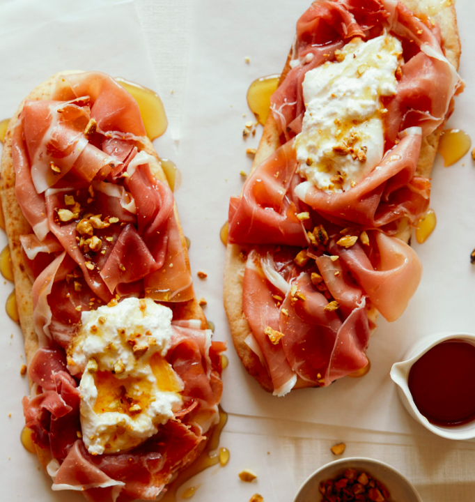 Flatbreads with Tapenade, Prosciutto, Burrata, Honey and Red Pepper ...