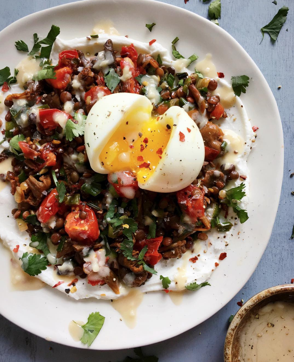 Garlicky Lentils and Tomatoes with a Soft Boiled Egg and TahiniHoney
