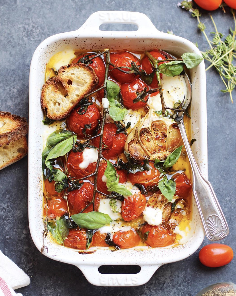 Roasted Tomatoes with Fresh Mozzarella Basil and Toasted Ciabatta