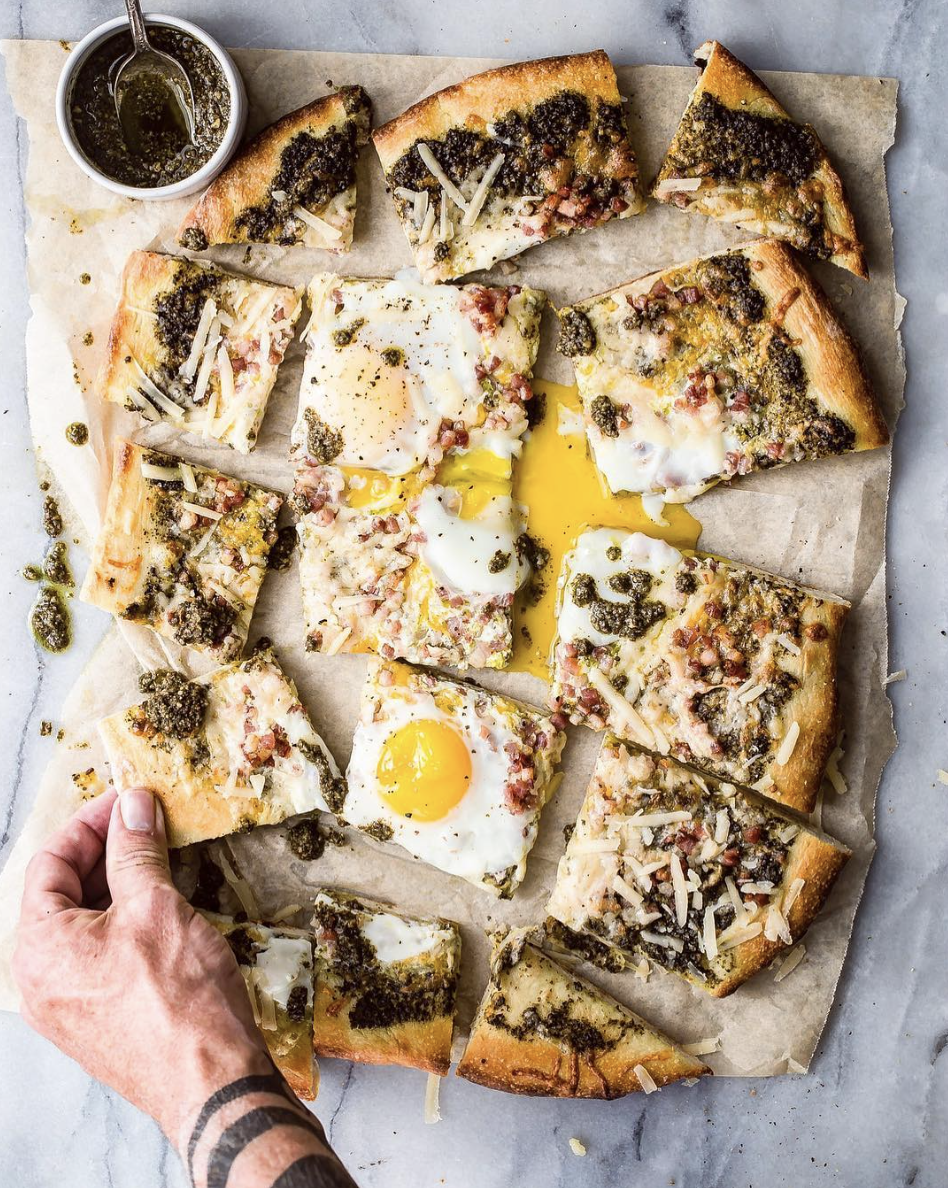 Grilled Pesto Flatbread with Pancetta and Eggs Recipe The Feedfeed