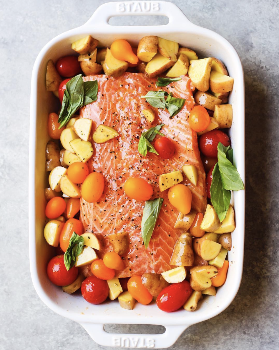 Spicy Roasted Salmon with Fingerling Potatoes and Cherry Tomatoes