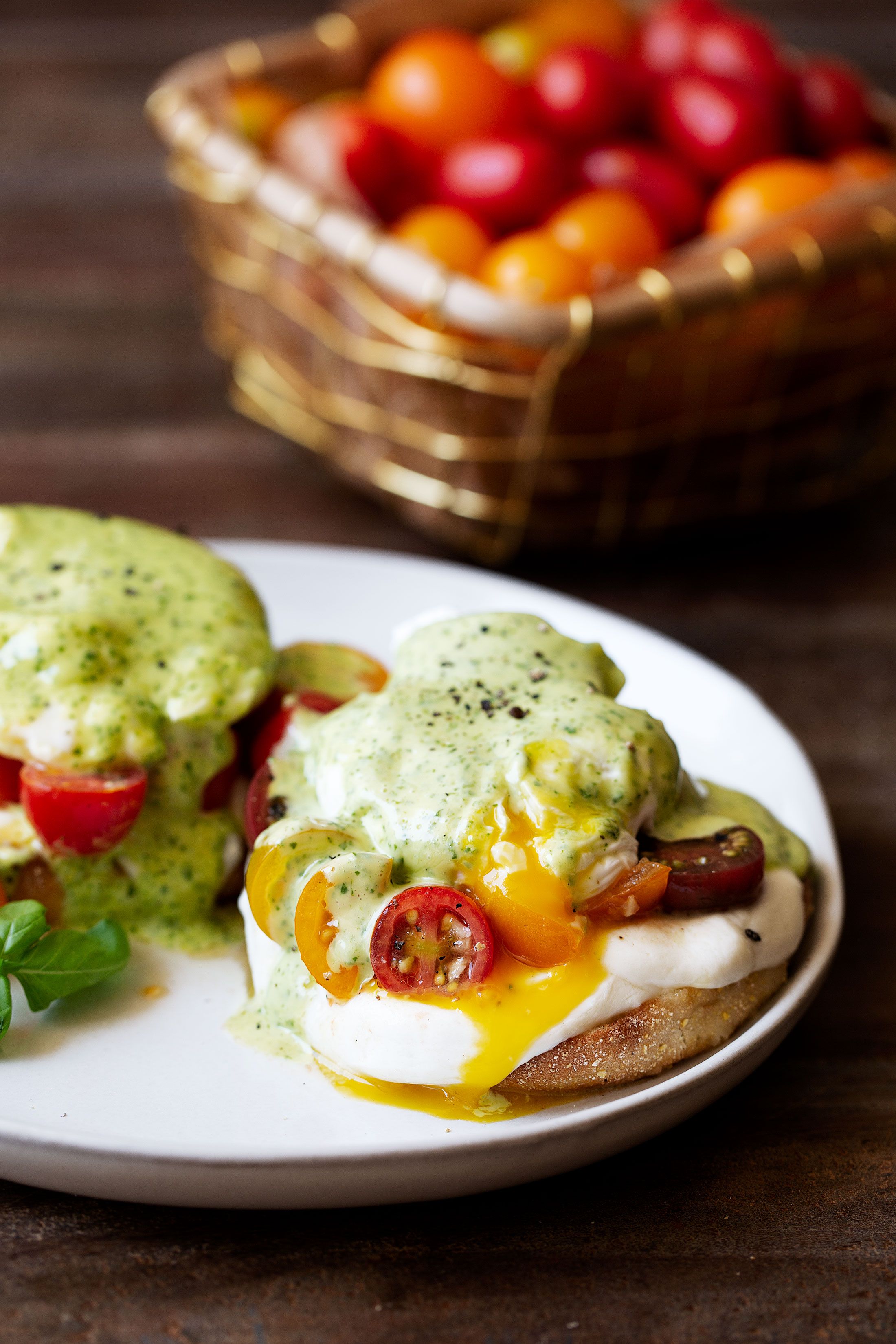 Caprese Eggs Benedict with Basil Hollandaise by