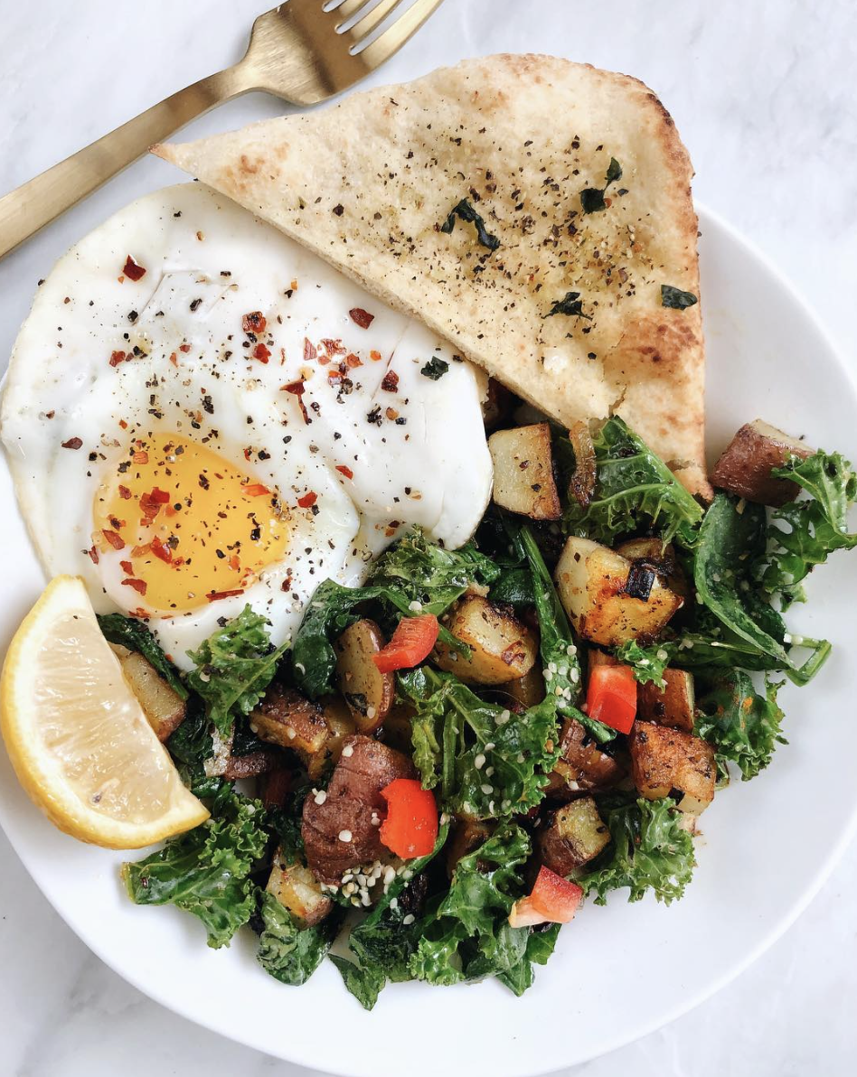 Spinach and Kale Breakfast Hash with Eggs and Naan Bread Recipe The