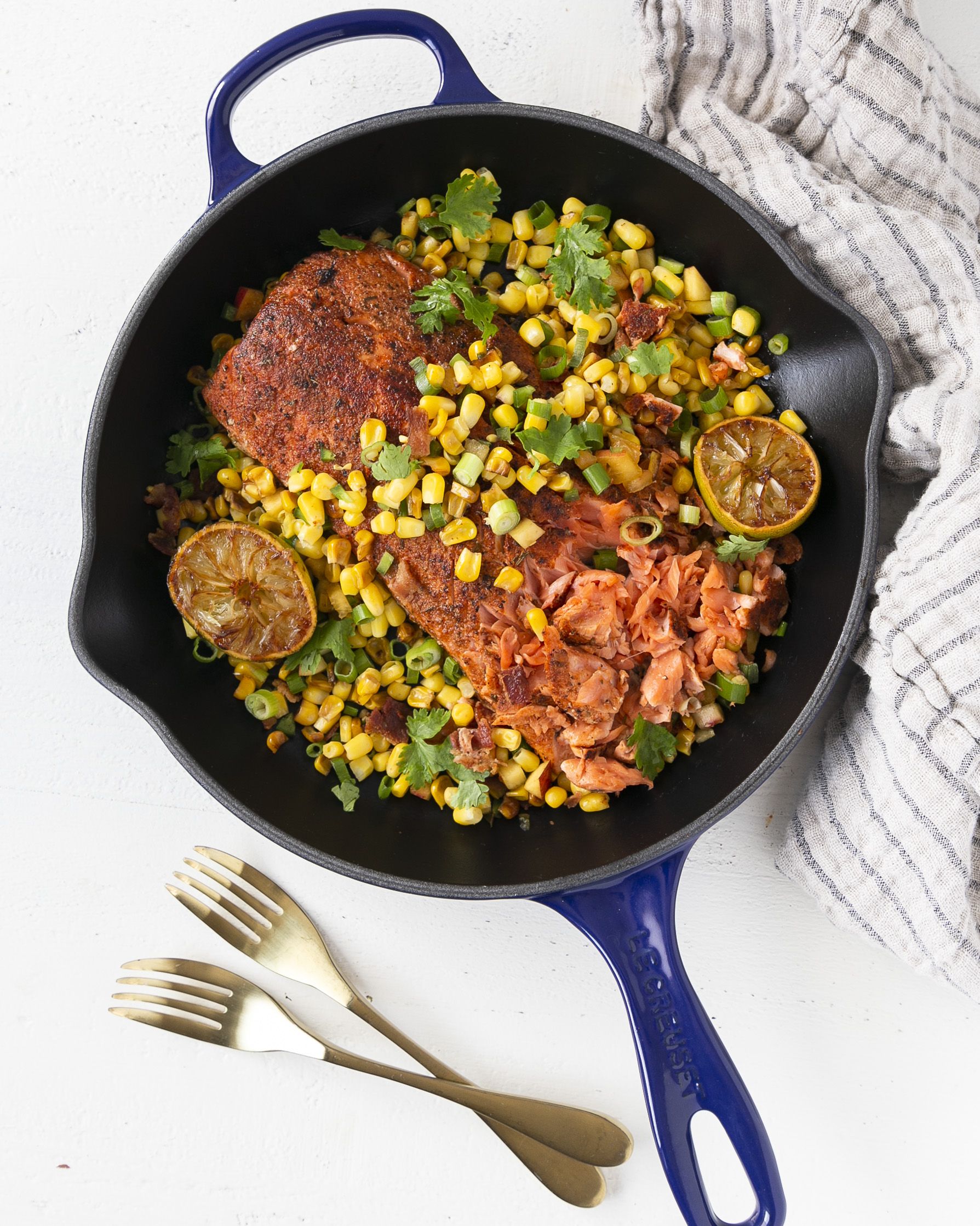 Seared Cajun Salmon With Bacon Corn Nectarines Recipe By Editors The Feedfeed