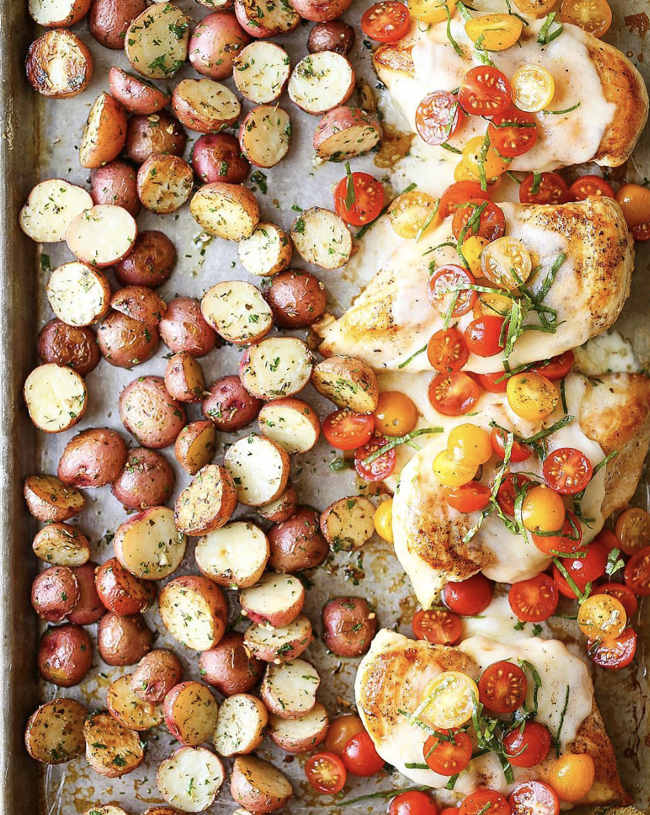 Sheet Pan Bruschetta Chicken With Garlic Parmesan Roasted Potatoes Recipe By Chungah Rhee The Feedfeed