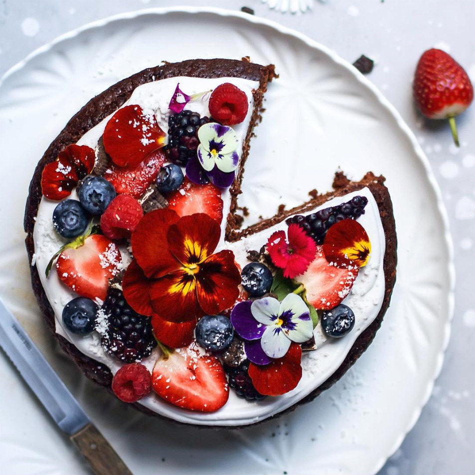 Chocolate Olive Oil Cake with Berries and Edible Flowers by panaceas_pantry, Quick & Easy Recipe