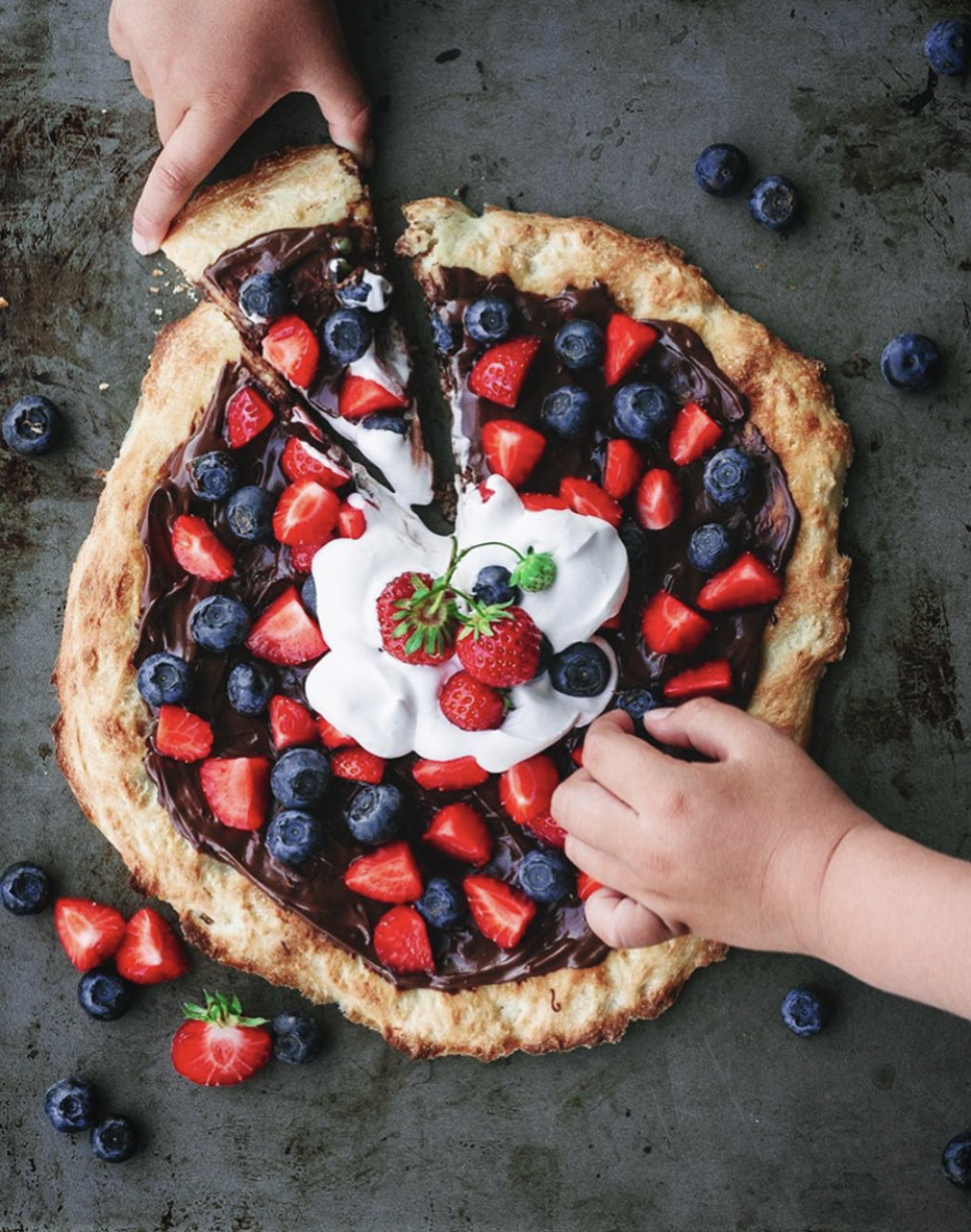 Chocolate Pizza with Strawberries, Blueberries, and Whipped Cream